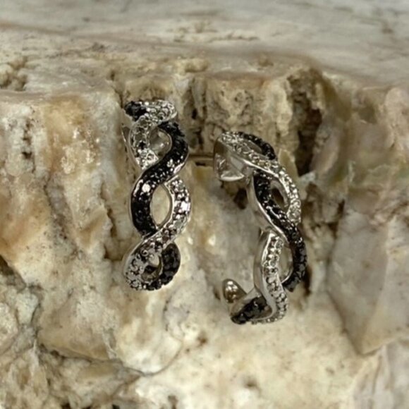 Ross-Simons Sterling Silver 925 Twisted Spiral Single Diamond Half Hoop Earrings - Picture 1 of 16